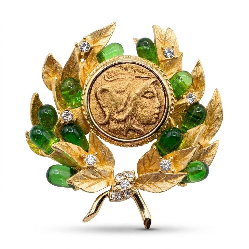 Camrose & Kross JBK Jackie Kennedy Athena Coin Laurel Wreath Brooch Green Cabs